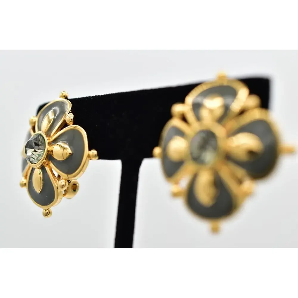 Joan Rivers Vintage Flower Clip On Earrings Gray Enamel Crystal Signed 90s BinBK